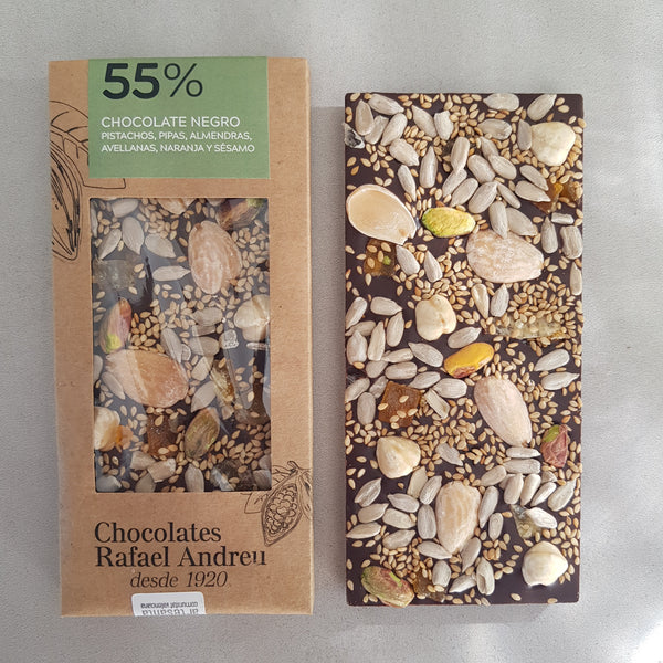 Chocoladereep 55% pure chocolade boordevol geselecteerde noten met het vleugje sinaasappel 85gr